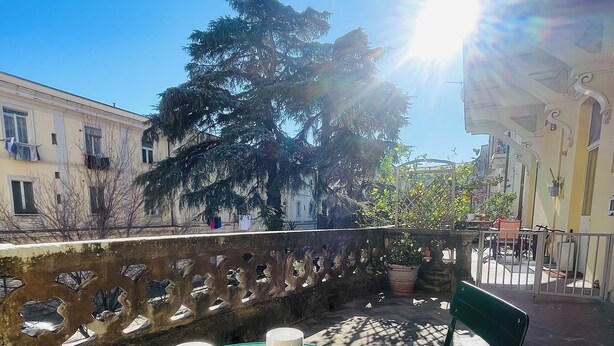 A table with a book and two mugs, set on a sunny terrace with a view of buildings and trees. - Hackert Art+Room (Caserta)