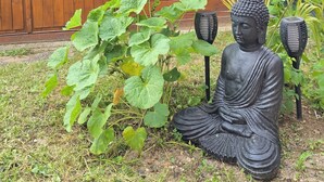 Une statue de Bouddha dans un jardin, avec un bâtiment en bois en arrière-plan.
