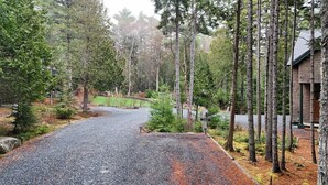 Un chemin de gravier menant à un chalet entouré d’arbres.