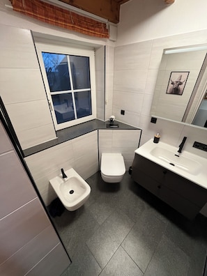 Douche, bidet, serviettes fournies, papier de toilette