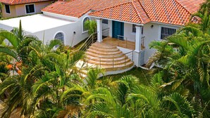 Uma casa branca com telhado de telhas vermelhas, rodeada por vegetação exuberante e palmeiras.