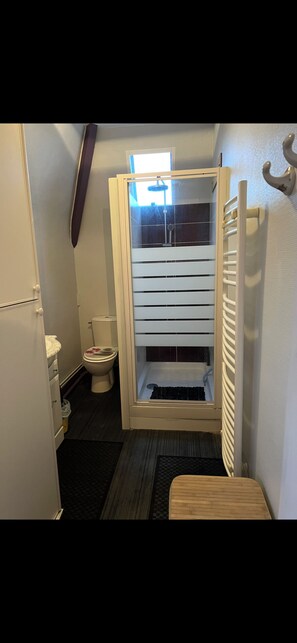 A compact bathroom with a toilet, a small sink, and a shower enclosure.