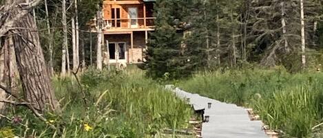 A wooden cabin with a green roof surrounded by tall trees and a wooden boardwalk leading to it.