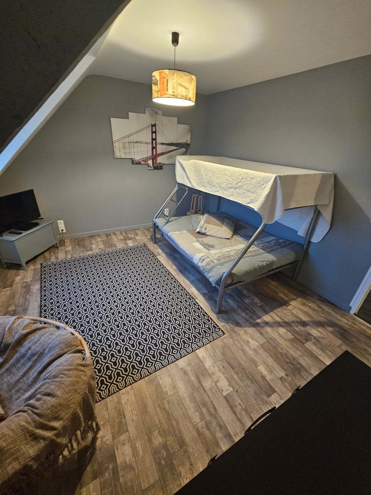 Un petit dormitori d'estil loft amb un llit superposat, una catifa amb dibuixos i una làmpada penjant.