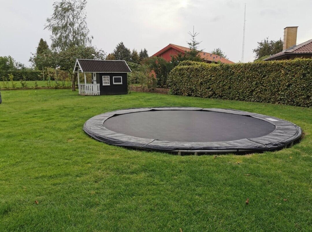A trampoline in a grassy yard with a small shed and a hedge in the background.