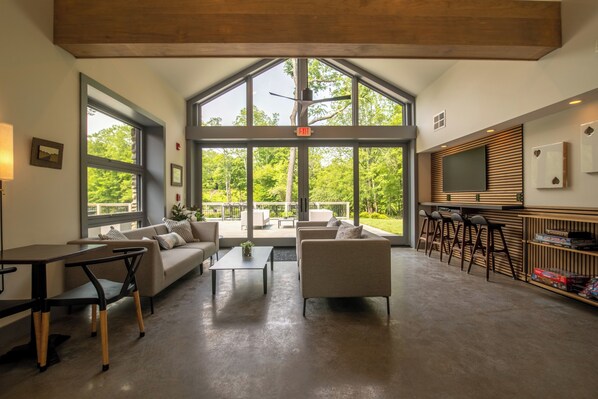 Smart TV, chimenea y libros 