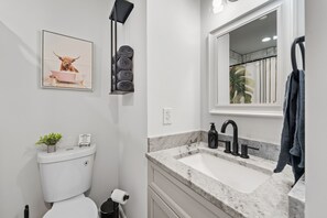 Shower, hair dryer, towels, toilet paper - Charming 2-bedroom tiny home near wineries and hiking, with hot-tub.  (Schuyler)