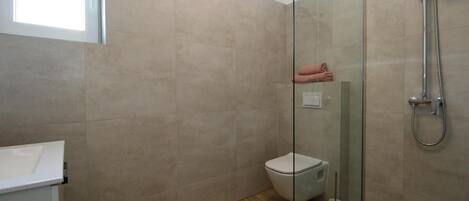 Een badkamer met een douchecabine van glas, een toilet en een wastafel.