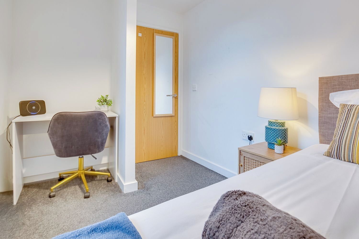 A hotel room with a bed, a desk with a chair, a lamp, and a small plant.