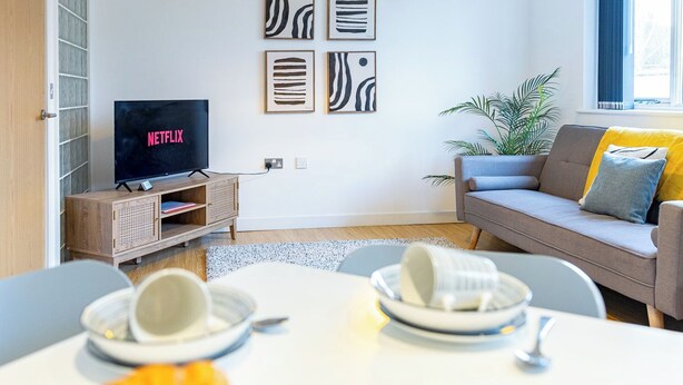 Een moderne woonkamer met een grijze bank, een salontafel met borden en kopjes, een tv waarop 'NETFLIX' staat, en abstracte wanddecoratie.