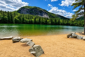 A lake with a sandy beach and rocks, surrounded by dense green forest and a mountain in the background.