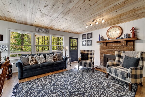 Smart TV, fireplace, books