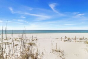 On the beach, sun loungers