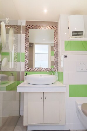 Ducha, secador de pelo, toallas, jabón