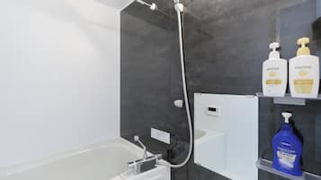 Combined shower/tub, hair dryer, towels, shampoo