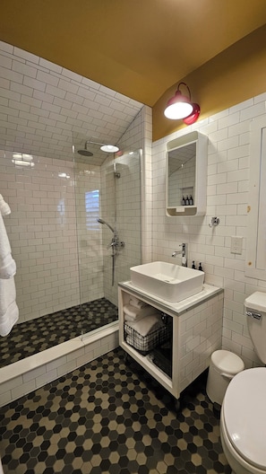 Shower, hair dryer, towels, soap