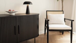 A modern room with a dark wooden cabinet, a white chair, a floor lamp, and a large plant.