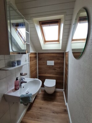 Dusche, Haartrockner, Seife, Toilettenpapier