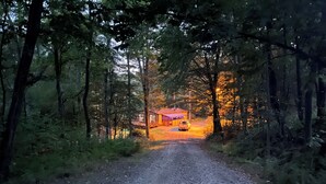 A gravel road leading to a small, brightly lit cabin surrounded by dense forest. - Private Serene Cabin (Coudersport)