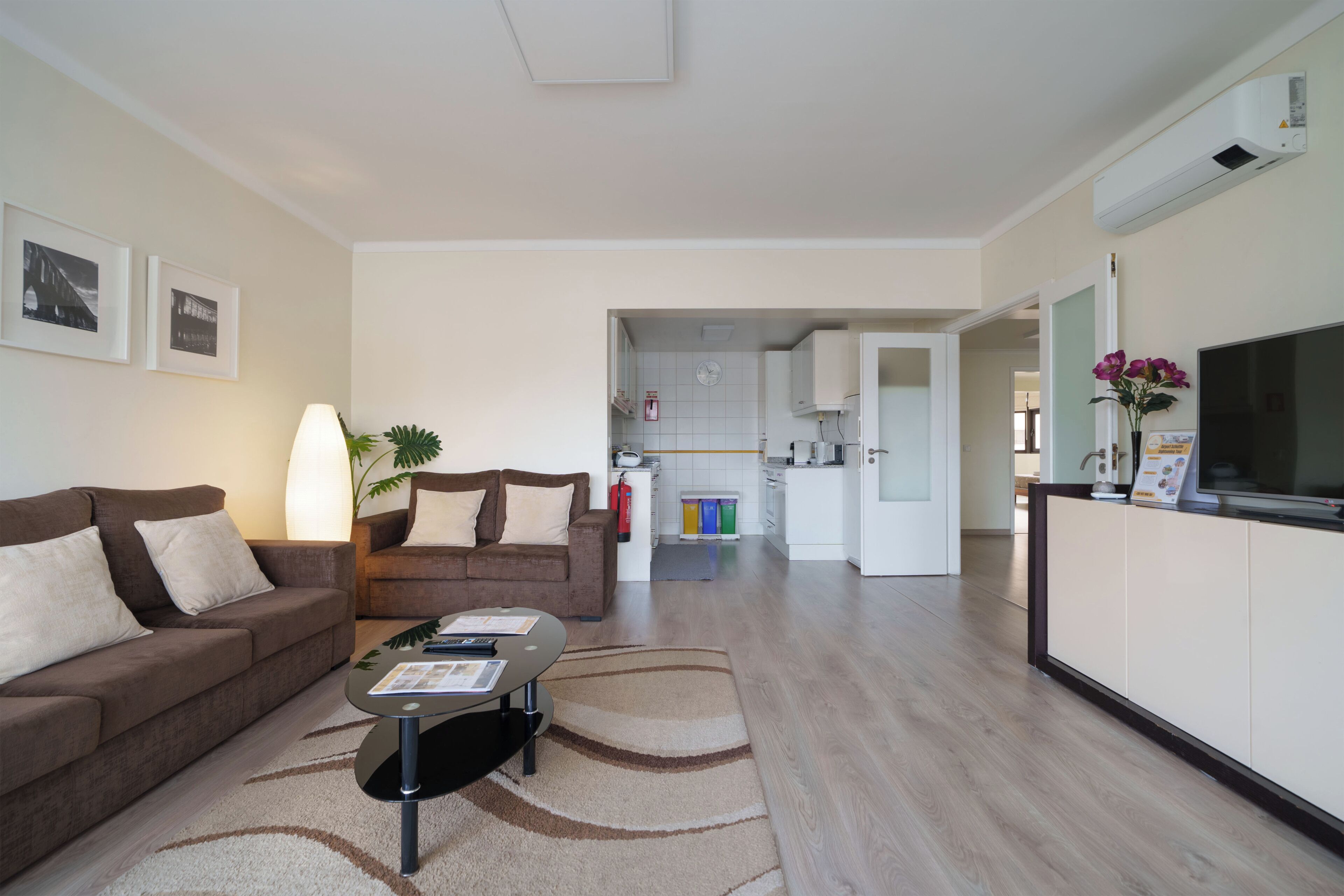 A modern living room with a brown sofa, a coffee table, and a TV.