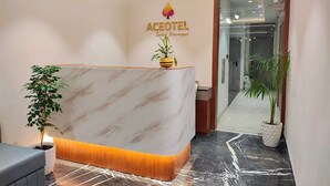 Una moderna zona de recepción de hotel con mostrador, una planta en maceta y un logotipo en la pared.