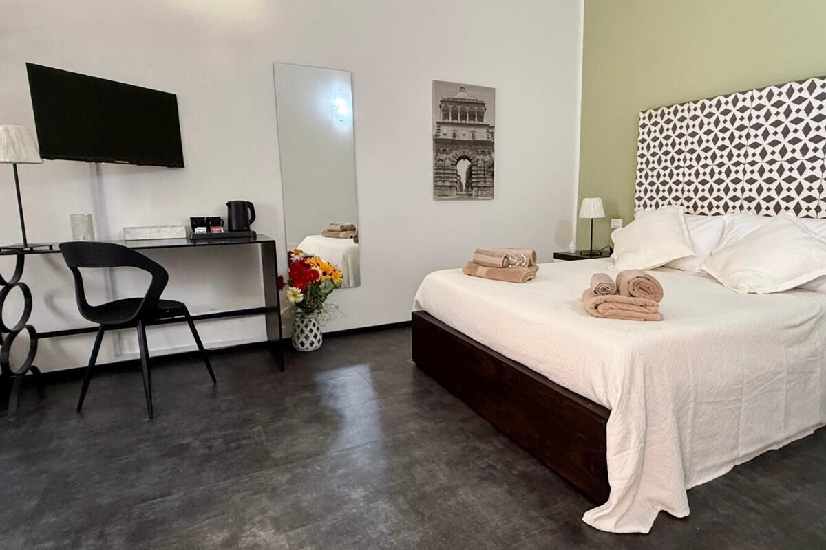 A hotel room with a bed, a desk, a chair, a TV, and a mirror.
