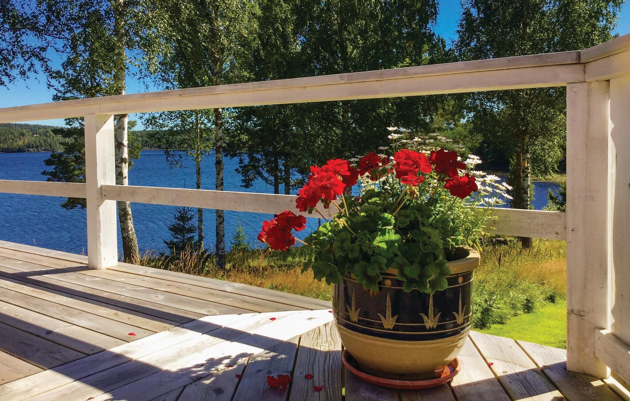 A wooden deck with a potted plant of red and white flowers.