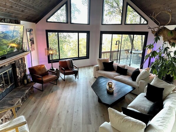 Smart TV, fireplace, stereo, computer monitors