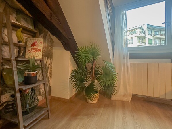 A corner of a room with a wooden beam ceiling, a potted plant, a shelf with a bag of ice cream, and a view of a building through a window.