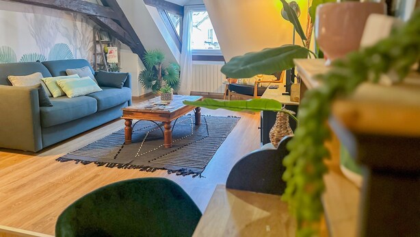 A cozy living room with a sofa, coffee table, and potted plants. - Casa Jungle loft rue du Paquier (Annecy)