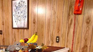 Una encimera de cocina con un frutero, un calabaza y un teléfono.