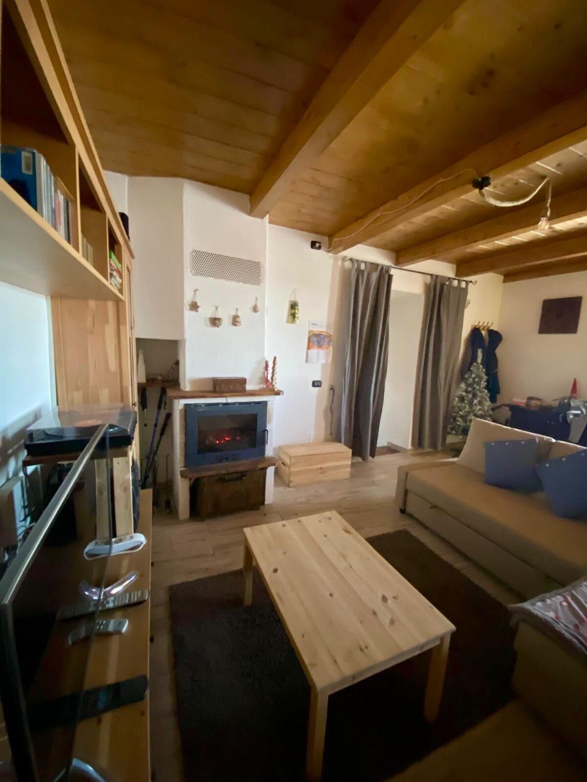 Smart TV, fireplace, books, music library