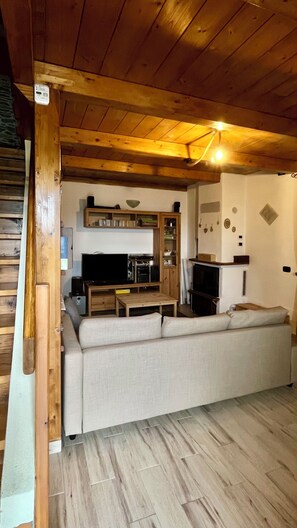 Smart TV, chimenea, libros y estéreo 