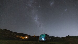 A dome-shaped tent illuminated by blue light in a grassy field under a starry night sky. - Escarpment Domes (Porirua)