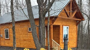 Une cabane en rondins avec une cheminée, des chaises en bois et une table en pierre.