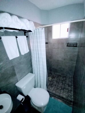 Secador de cabelo, toalhas de banho, sabonete, papel higiênico
