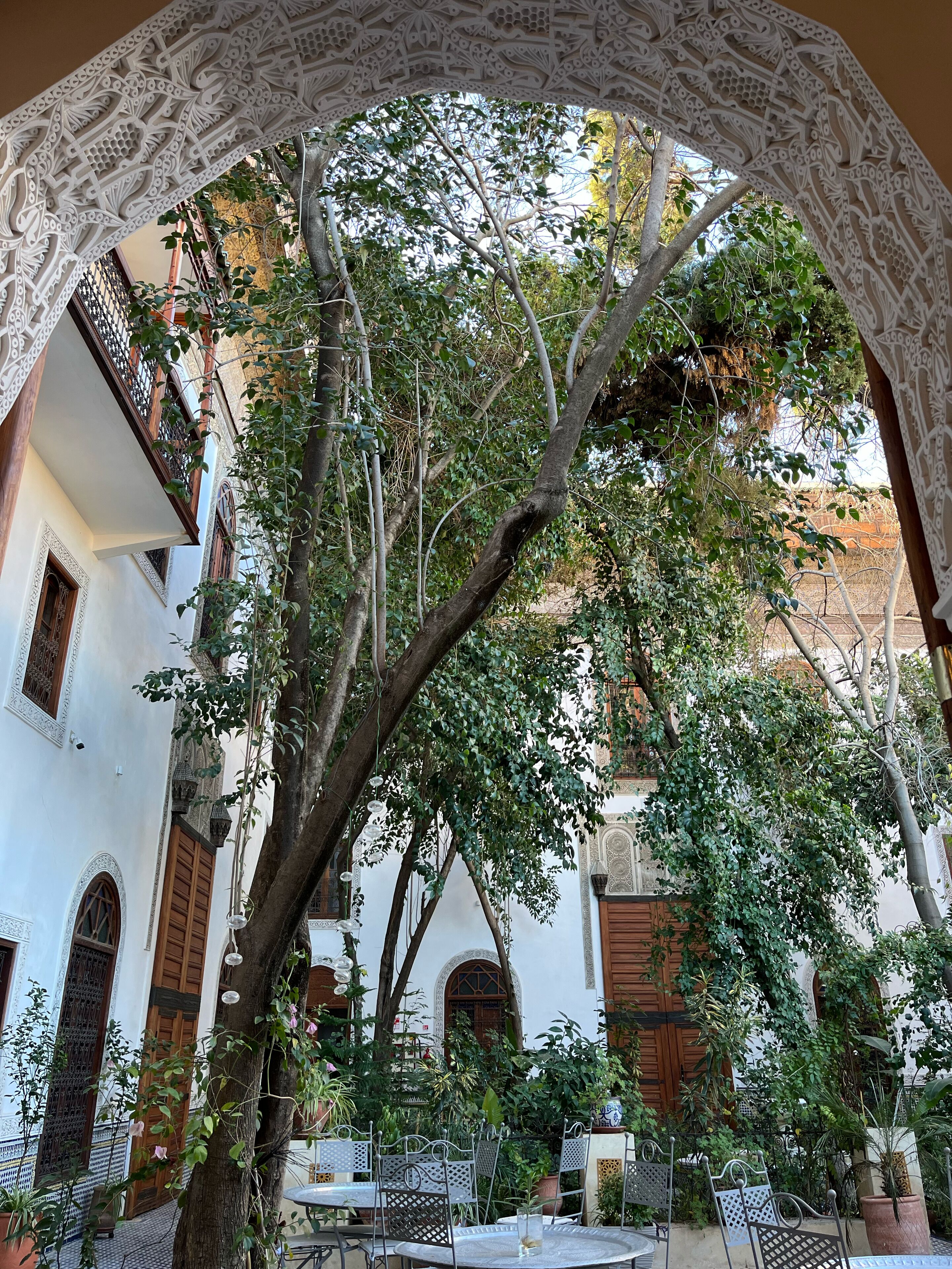 Un arco ornamentado enmarca un patio con un árbol, mesas y sillas.
