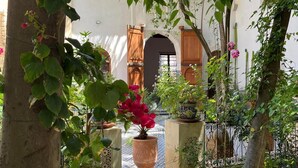 A courtyard with a tiled pathway, potted plants, and a wooden door. - Riad Hanael Garden & Spa (Fès)