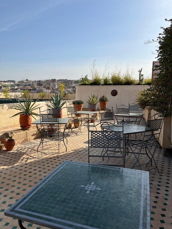A rooftop terrace with outdoor furniture, potted plants, and a view of the cityscape.