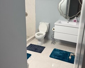 Suihku, hiustenkuivaaja, pyyhkeet, saippua