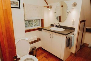 Hair dryer, towels, soap, toilet paper