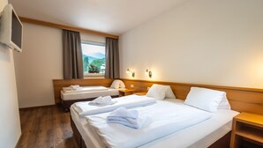 A hotel room with two single beds, a wooden headboard, a bedside table, a TV mounted on the wall, and a window with curtains. - Appartement MaLo - Top 3 (Viehhofen)