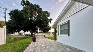 A paved walkway leading to a white house with a large tree and a potted plant in the foreground. - Charming 3‑BR Sarasota Retreat — Minutes to Beaches & Downtown (Sarasota)