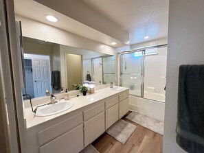 Hair dryer, towels, soap, shampoo