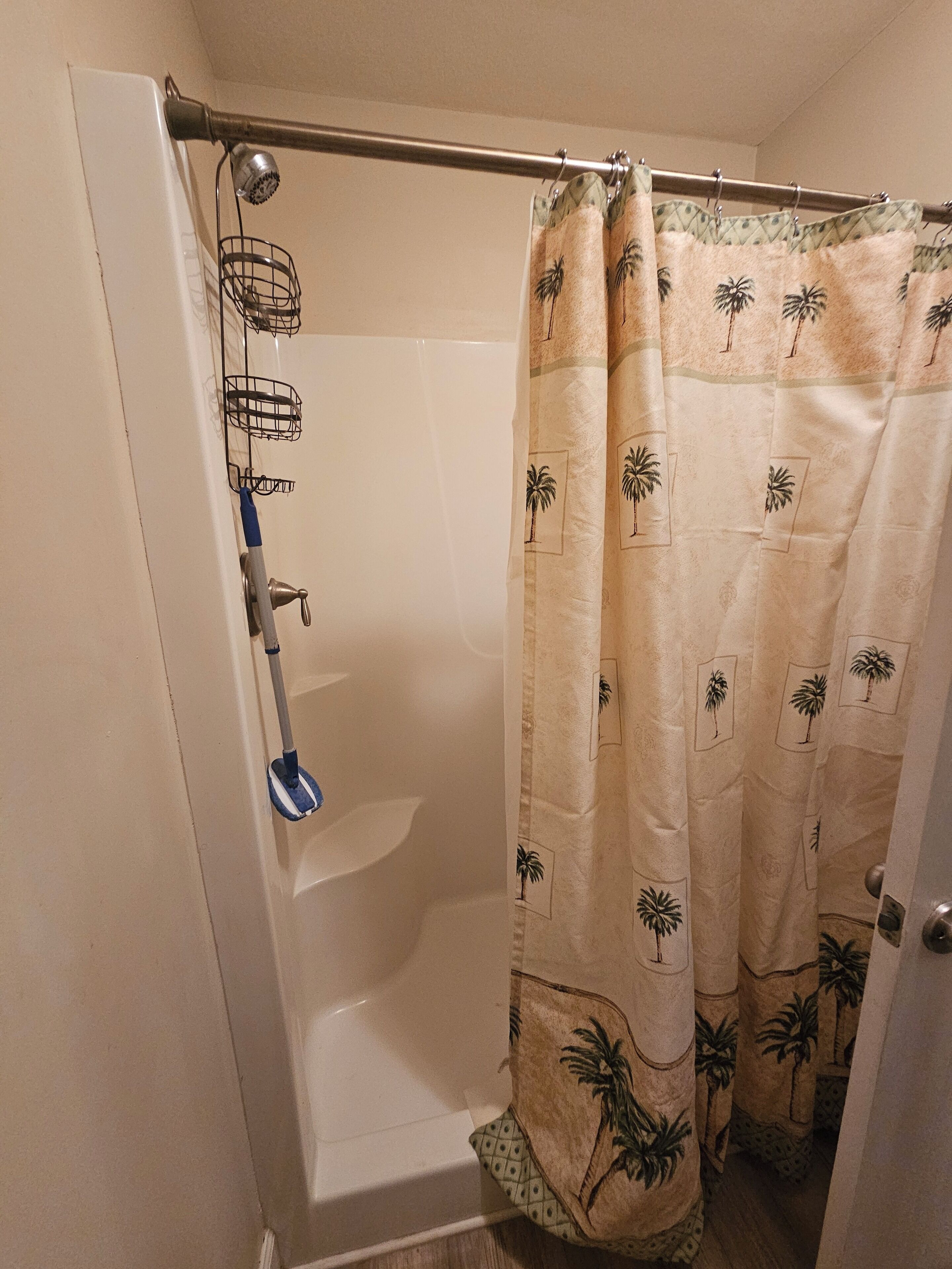 Ducha con cabezal de ducha manual, organizador de vidrio y cortina de baño con estampado de palmeras.