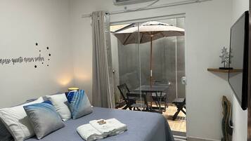 1 bedroom, desk, iron/ironing board, travel cot