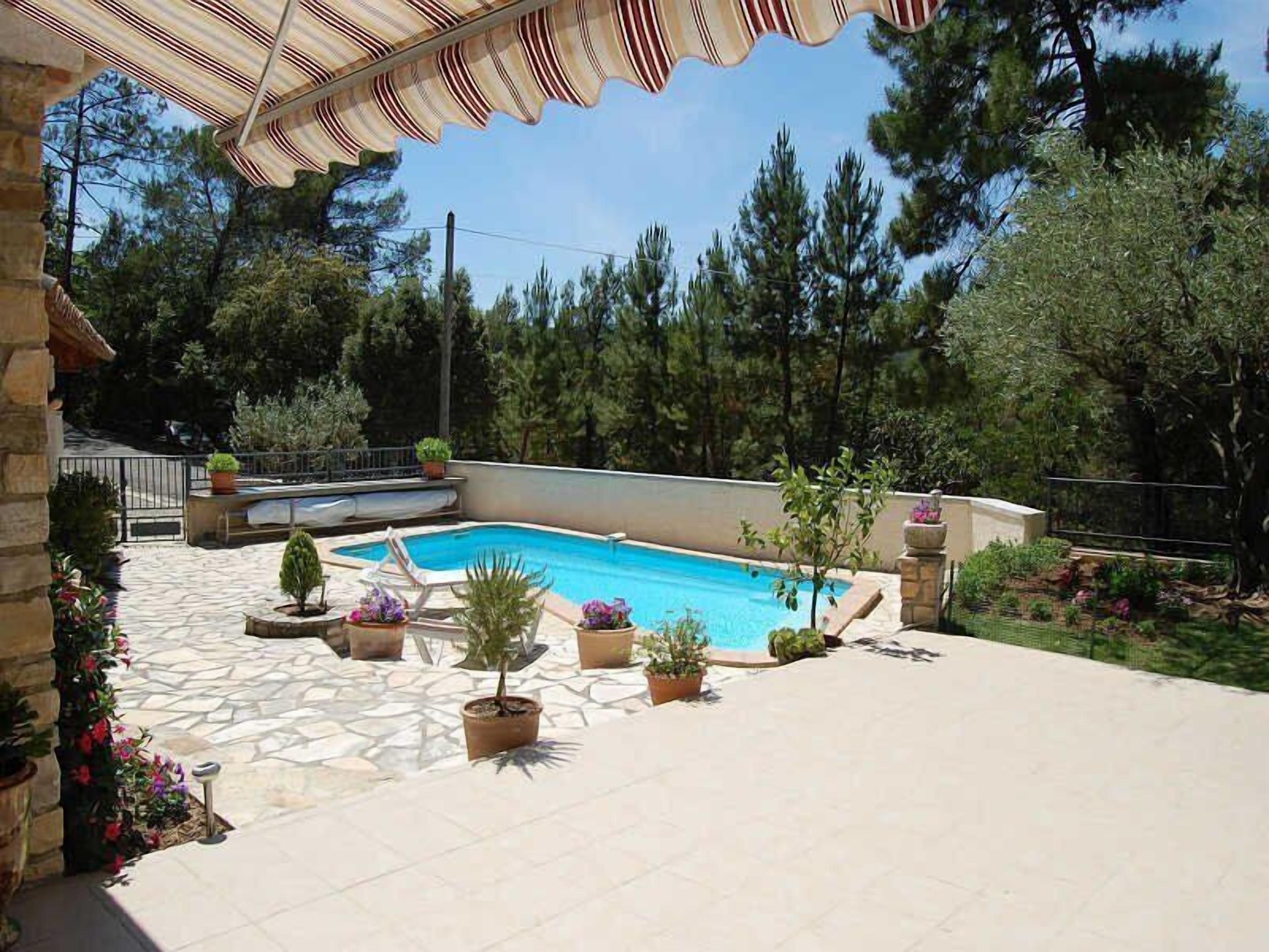 A swimming pool with a stone deck, surrounded by potted plants and trees.