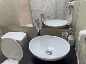 Sèche-cheveux, serviettes fournies, savon, papier toilette