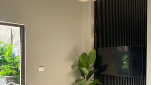 A modern interior with a large potted plant, a flat-screen TV mounted on a dark panel, and a sliding glass door leading to an outdoor area. - San Vito chalet (Sweimeh)