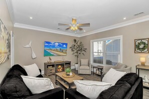 Älytelevisio, takka, DVD-soitin, kirjoja